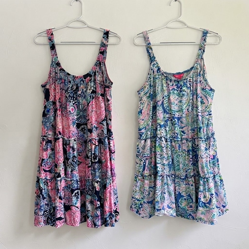 Lilly Pulitzer Bundle (2) Loro Swing Dress Tiered Floral Mini Beach L/ XL Preppy